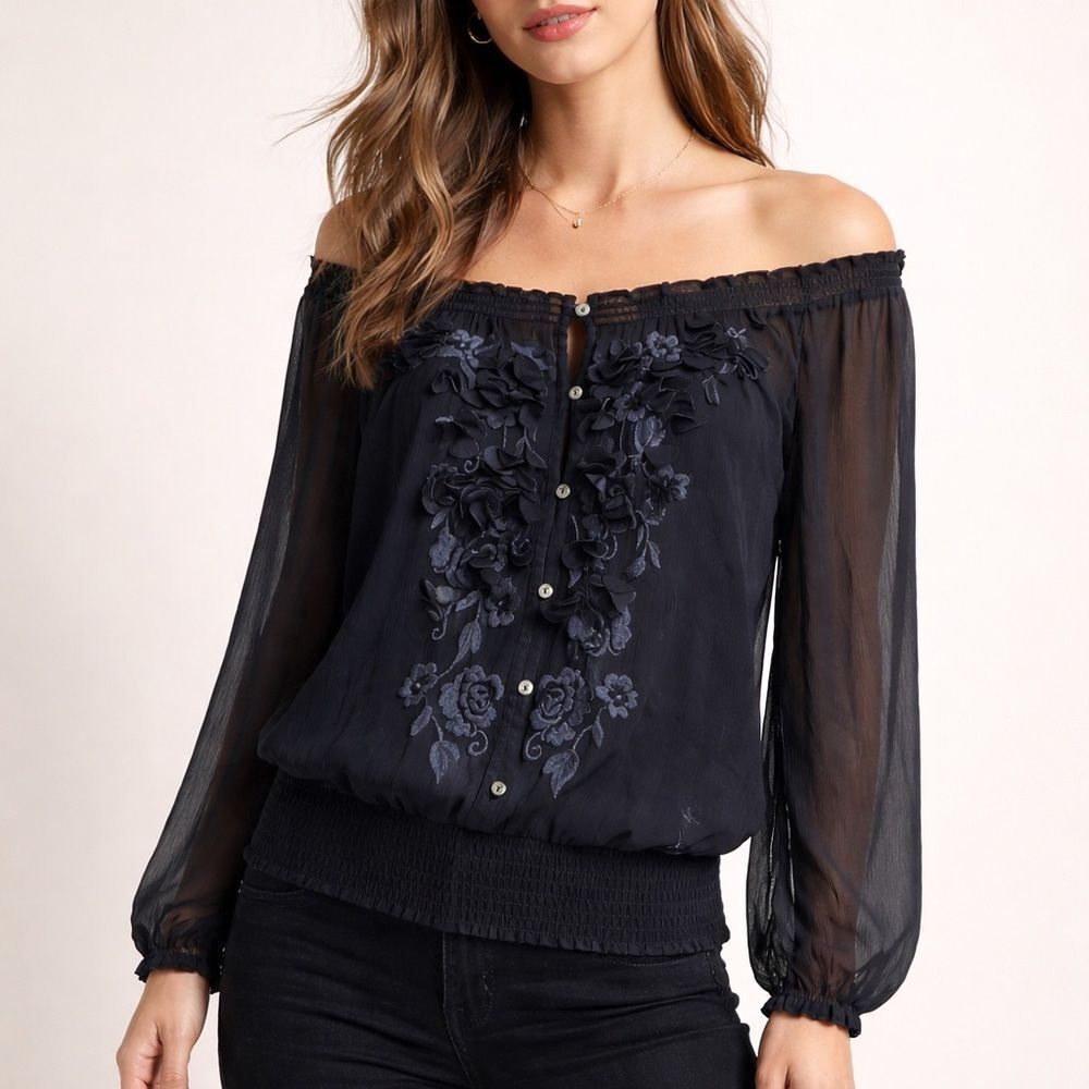 Abercrombie & Fitch Black Embroidered Off Shoulder Boho Blouse Small